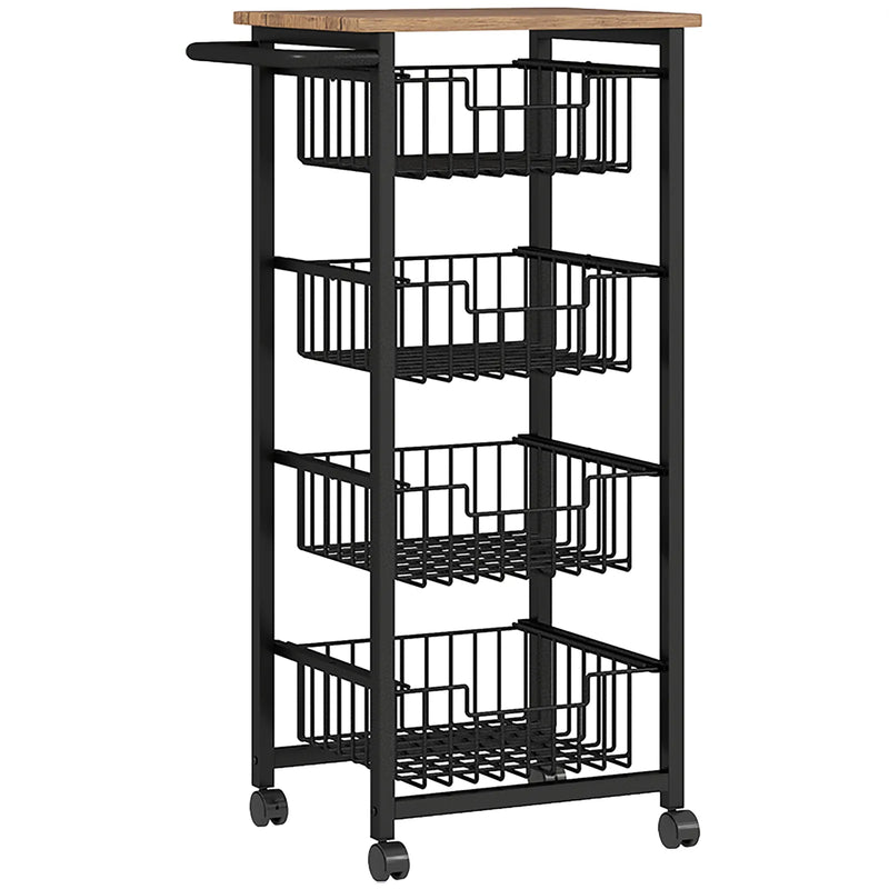 HOMCOM Four Basket Mobile Kitchen Island, with Brakes - Oak/Black