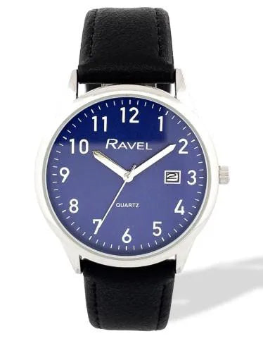 Ravel Mens Basic Silver case Dated Blue Dial With Black Faux Leather Strap Watch
