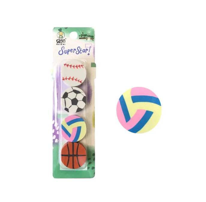 Round Erasers Rubbers Sports Ball Design Pack Of 4 Assorted Designs