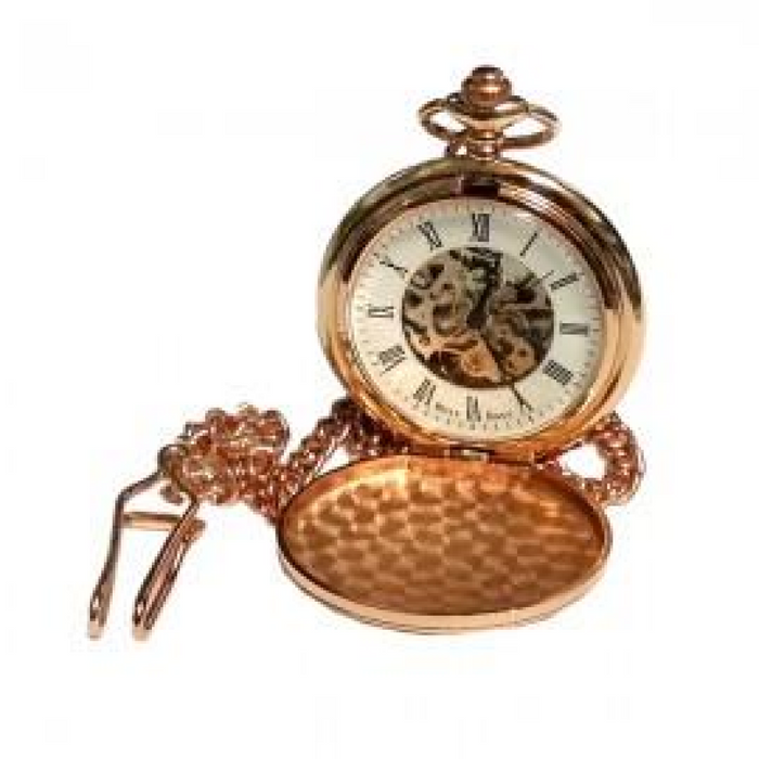 Boxx Mens Rose Gold Skeleton Mechanical Pocket Watch 12" Chain M5084.03