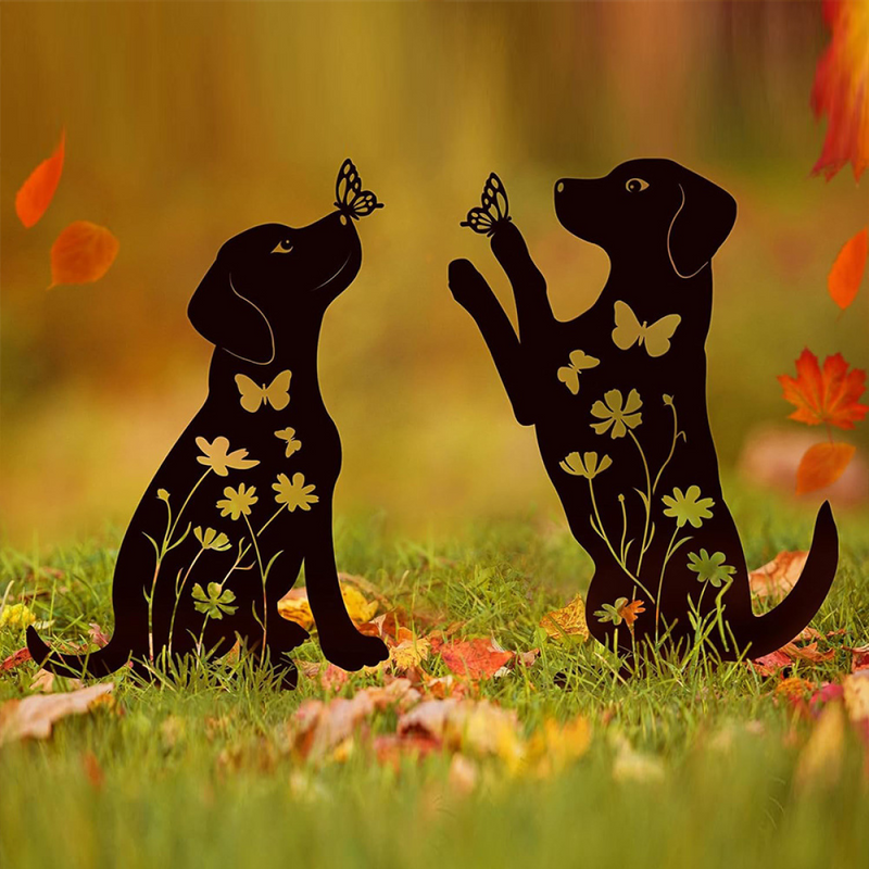 Metal Dog Decor, Animal Garden Ornaments - Black Dog Wall Art for Lawn Decor 2pcs