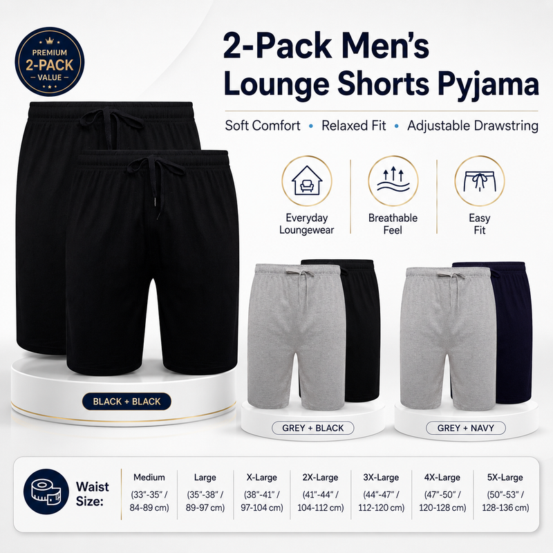 2 Pack Men's Cotton Lounge Shorts Stretchable Available in Black Navy Grey Durable and Cozy Loungewear Medium to 5X-Large by Sock Stack
