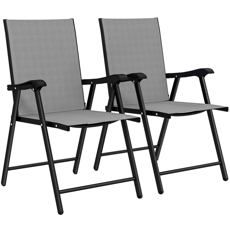 Outsunny Folding Garden Chairs Set of 2, Foldable Garden Dining Chairs with High Back, Armrests, Texteline Seat, Light Grey