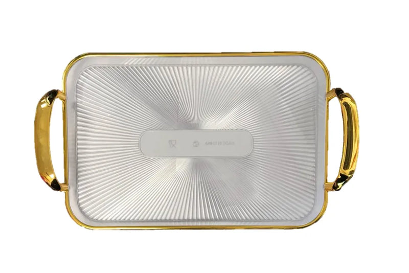 Rectangular Transparent Plastic Serving Tray With Gold Rim And Handles