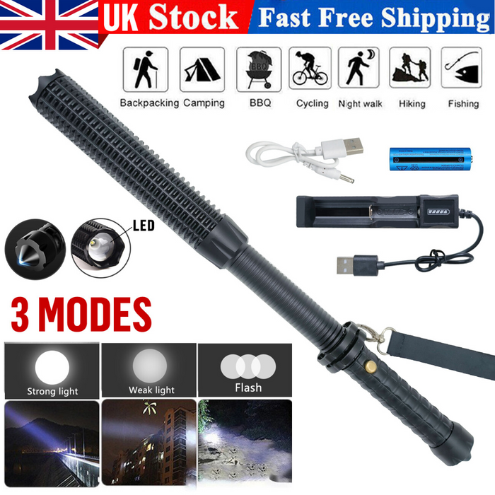 USB Rechargeable LED Flashlight Retractable Torch 3-Mode Zoomable Security Light Outdoor Flashlight Set