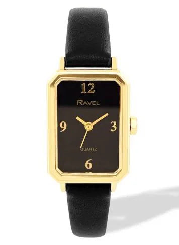 Ravel Ladies Fashion Rectangular Gilt Case Dial with Black Leather Strap Watch