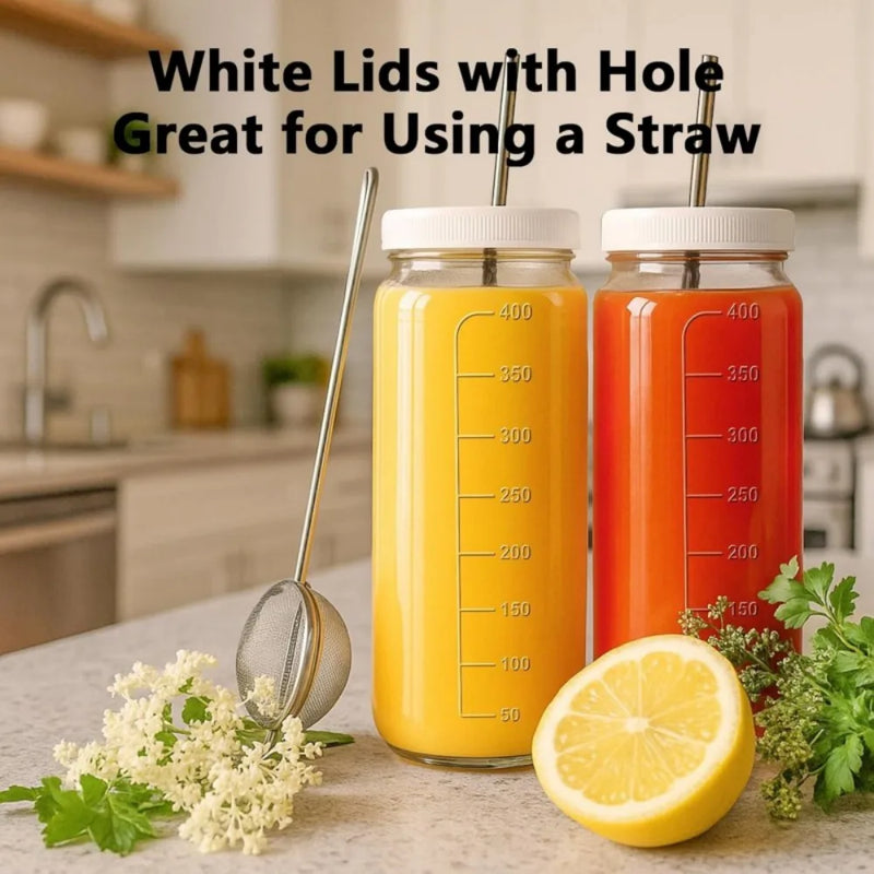 16Oz 4pcs Pack Juice Bottles, Glass Bottles with Lids, Smoothie Cup Lids and Straw