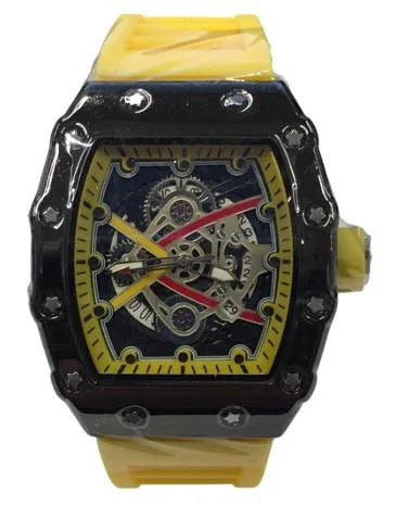 New Rubber Gents Black Screw Fashion Quartz Movement Dated Skeleton Clear Dial Yellow Rubber Strap Watch