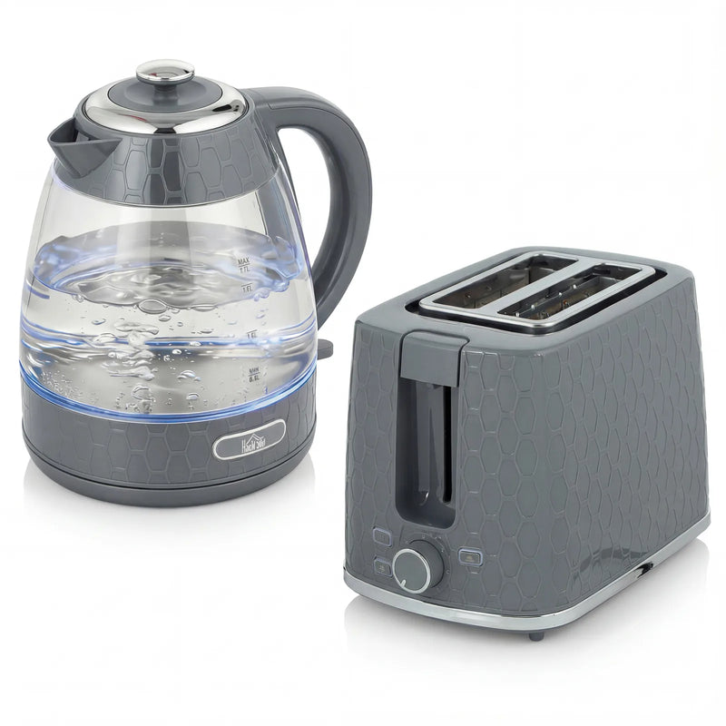 HOMCOM Kettle and Toaster Set, 1.7L 3000W Rapid Kettle with Limescale Filter, 2 Slice Toaster with 7 Browning Controls, Grey