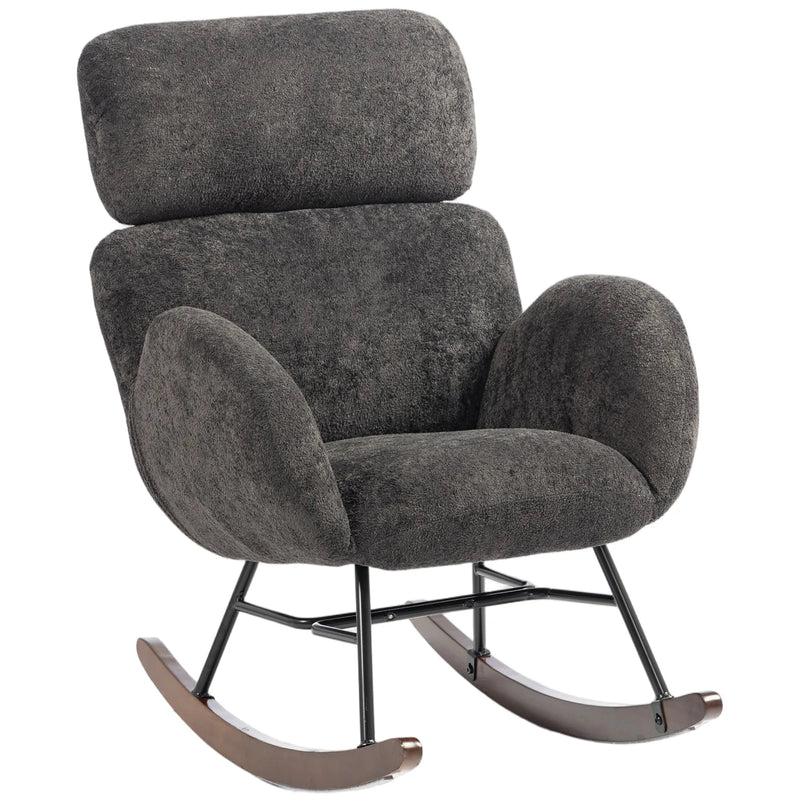 HOMCOM Upholstered Rocking Chair Adjustable Headrest Rocker Chair Raindrop Velvet Rubberwood Base Dark Grey