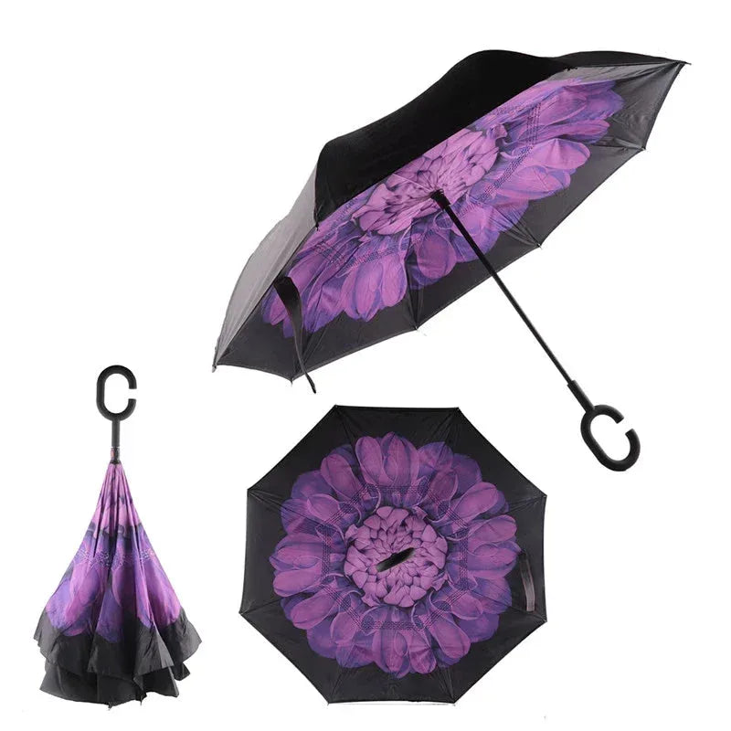 Reverse Inverted Double Layer Umbrella C Handle Assorted Designs