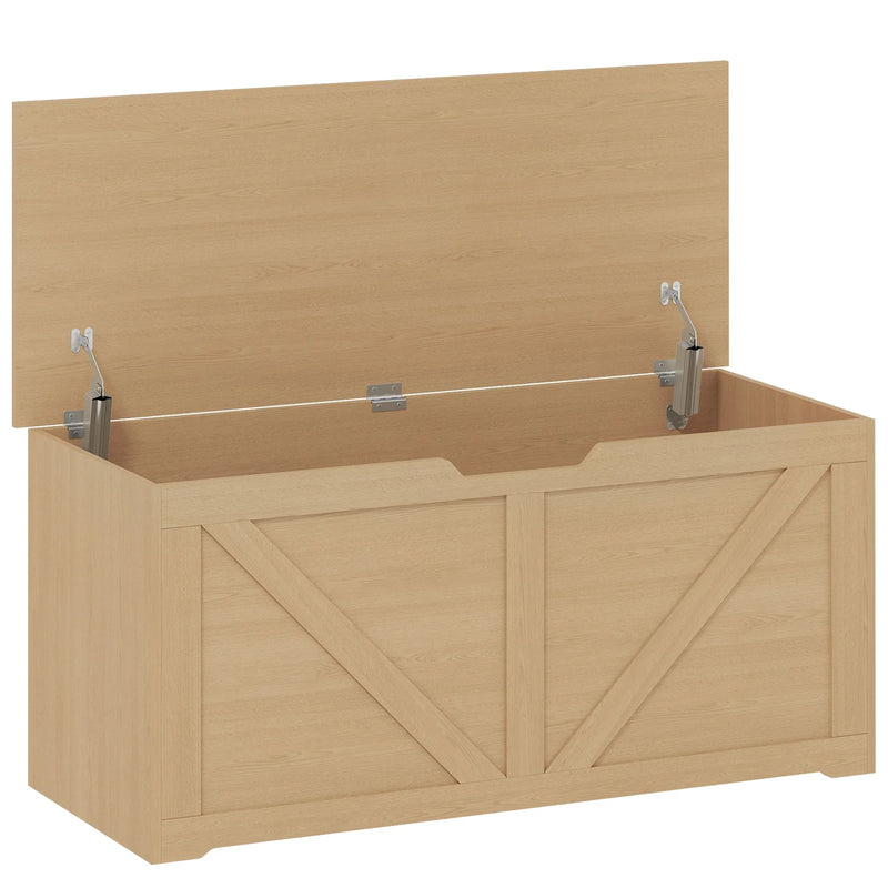 HOMCOM 127L Home Storage Box, with Safety Hinges - Nature Wood Finish