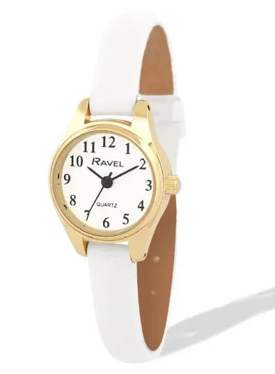 Ravel Ladies Round Petite Gilt Case Clear Numeral with White Leather Strap Watch
