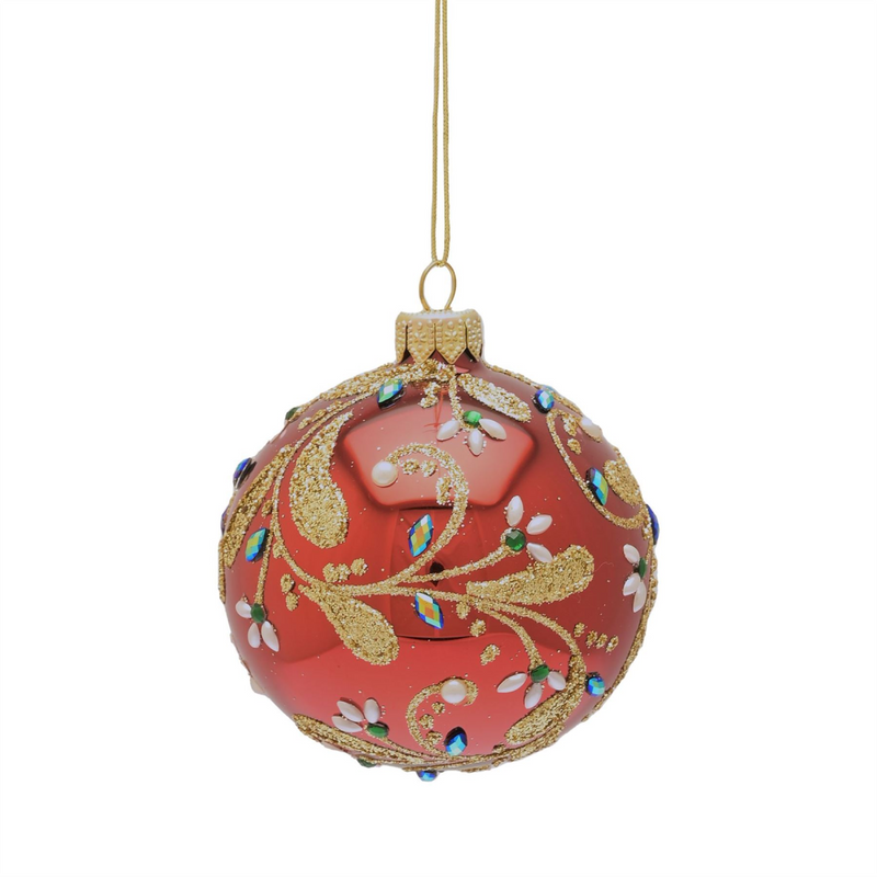 Hand Decorated Red Bauble Leaf Design