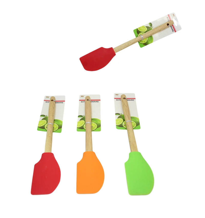 Kitchen Silicone Flat Sided Scraper Spatula Wooden Handle Assorted Colours