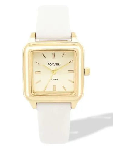 Ravel Ladies Fashion Summertime Square Gilt Case Dial with White Leather Strap Watch