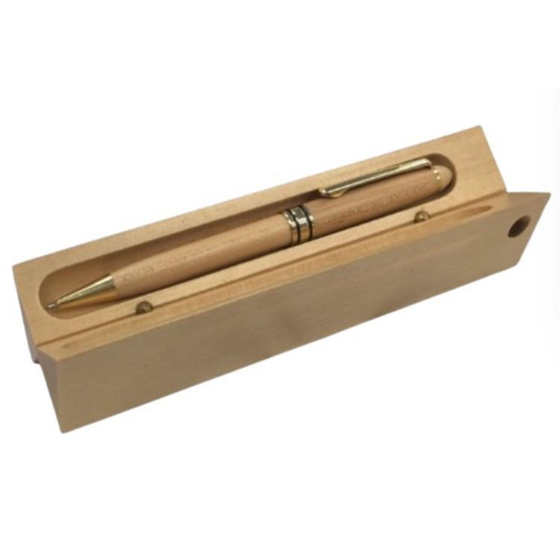 Imperial Wooden Light Brown Gold Trim Ball Pen With Handmade Triangle Wooden Box IMP309 - CLEARANCE MIGHT NEEDS RE-REFILL