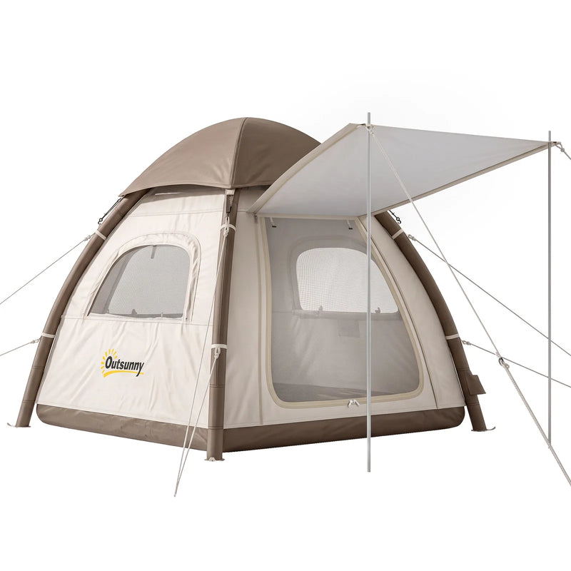 Outsunny Inflatable Camping Tent with Rainfly, 2-3 Man Air Tent 3000mm Waterproof Blow Up Tents, Cream