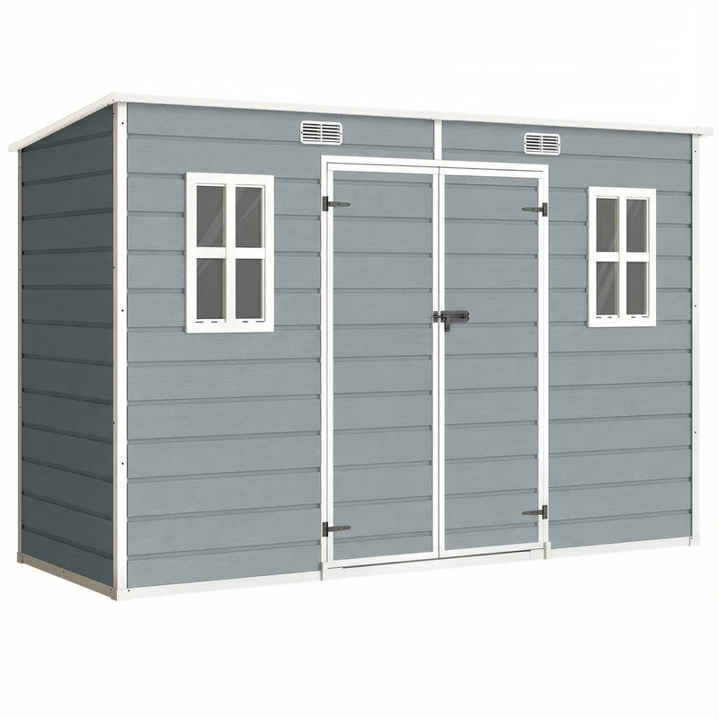 Outsunny 10 x 4 ft Resin Garden Shed, Outdoor Storage Shed with Floor, Windows, Lockable Doors and Vents, Grey