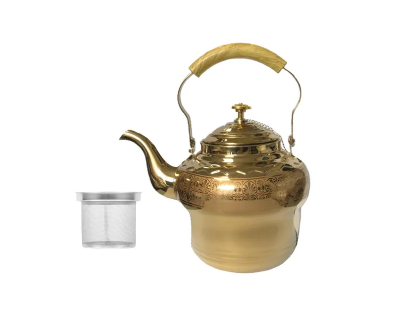 Stainless Steel Gold Coloured Tea Pot With Metal Mesh Filter Strainer And Wooden Grip 2L
