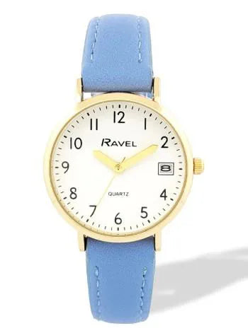 Ravel Ladies Basic Golden case Dated White Dial With Blue Faux Leather Strap Watch