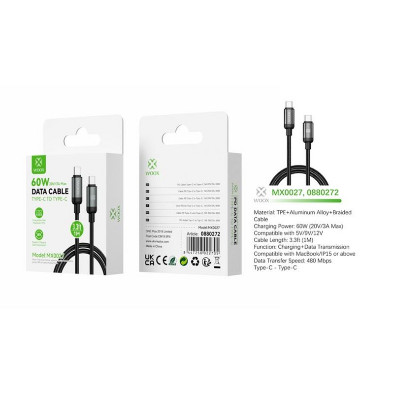 Woox MX0027 Type C to Type C Braided Data Cable, 60W, 3.3ft 1m, Black