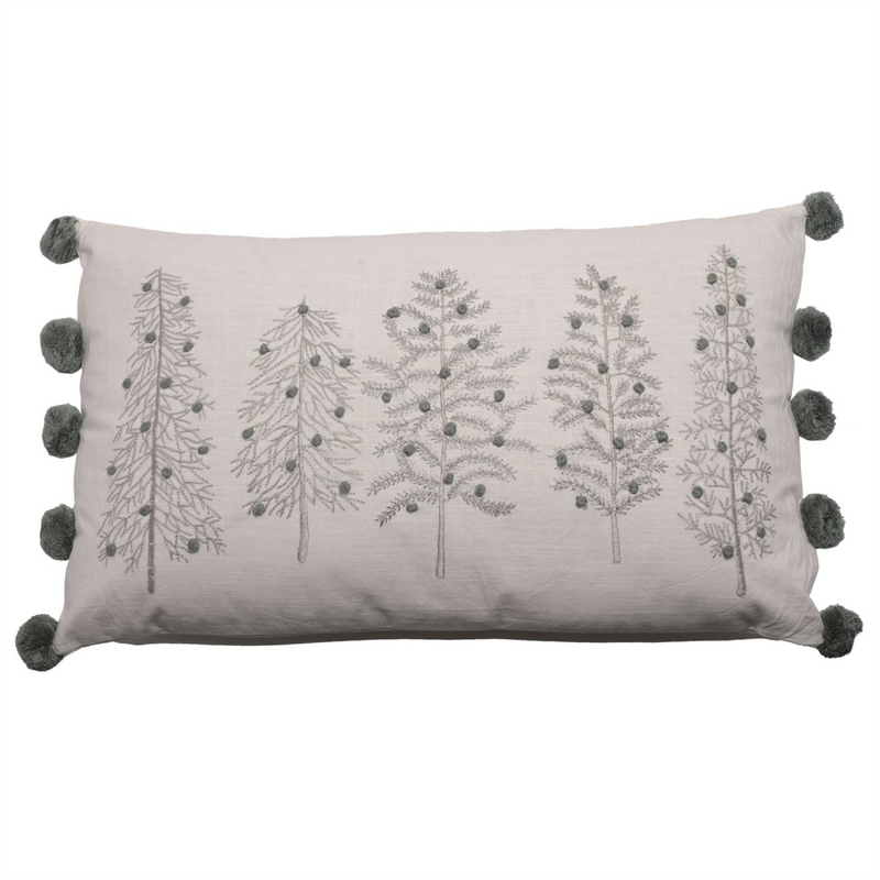 Rectangle Silver Tree Cushion with Pom Poms