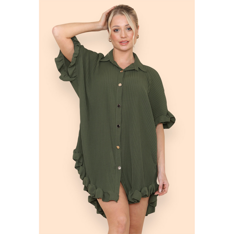 Over Sized Italian Gold Button Pleated Frill Ruffle TikTok Dress Top