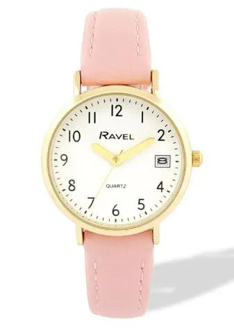 Ravel Ladies Basic Golden case Dated White Dial With Pink Faux Leather Strap Watch