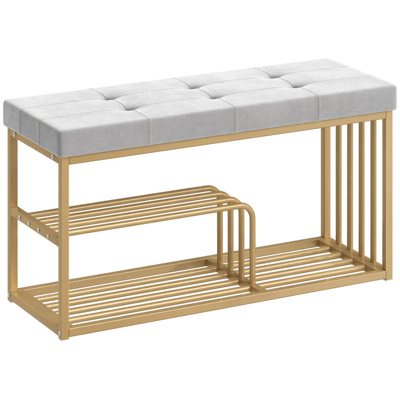 HOMCOM Bench and Shoe Storage, Tufted Shoe Storage Bench with Velvet Seat Cushion Gold Steel Frame for Entryway, Grey