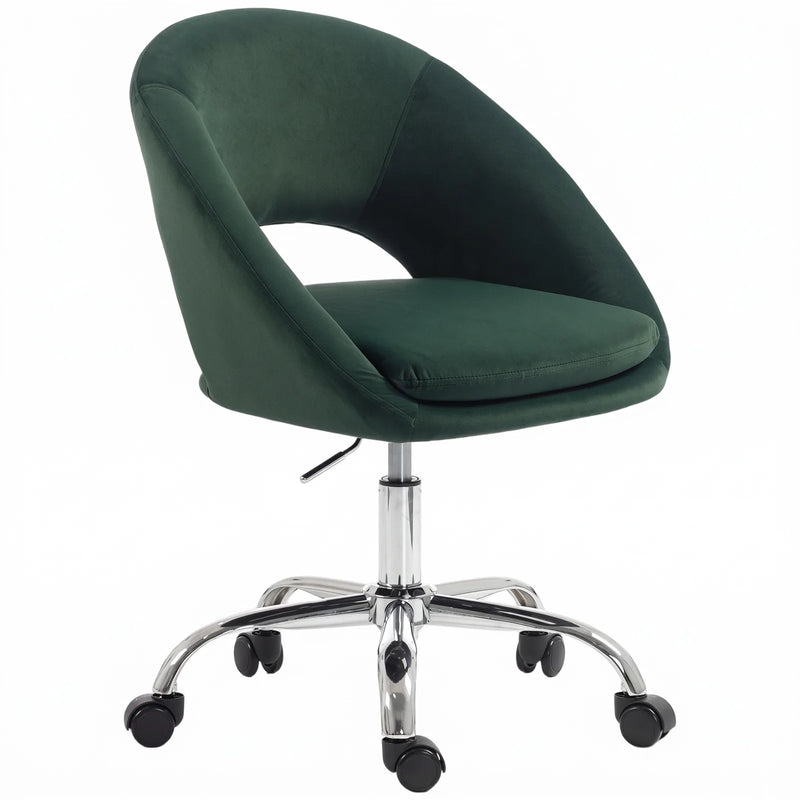 HOMCOM Velvet Desk Chair, Modern Office Chair with Height-Adjustable, Wheels, for Home Study Bedroom, Dark Green