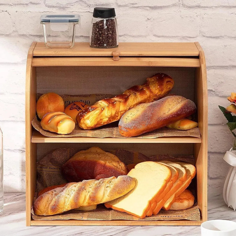 Bread Bin 2 Tiers Double Layer Box Slide Roll Top Food Storage Rack Home Kitchen