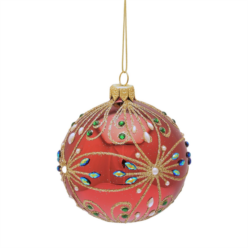 Hand Decorated Red Bauble Floral Design