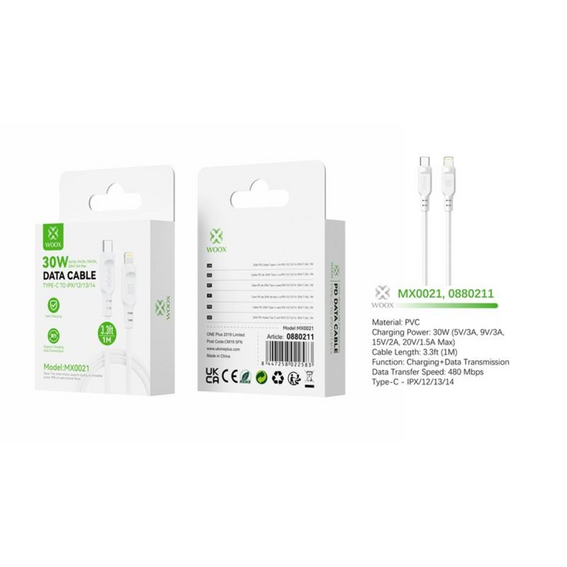 Woox Type C to Lightning PVC Data Cable, 30W, 6.6ft 2m, White