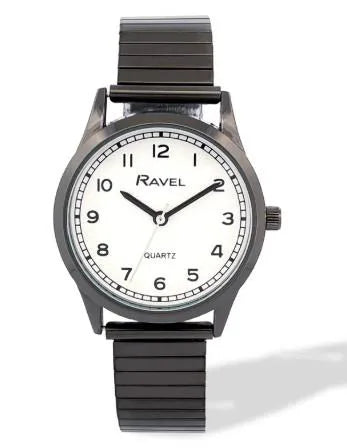 Ravel Ladies Basic Easy Read Minute Track on White Dial Black Stainless Steel Expander Bracelet Watch