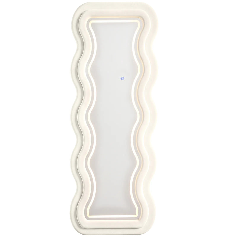 HOMCOM Full Length Mirror, 160 x 60 cm Wavy Full Body Wall Standing Mirror with Velvet Frame and LED Light Strip, Cream White