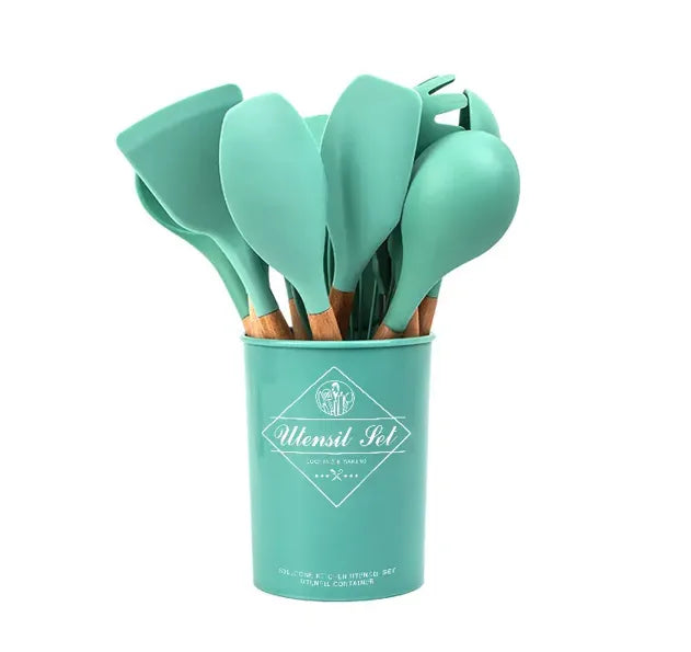 Silicone Assorted Kitchen Cooking Utensils With Plastic Holder Set Of 12 Assorted Colours