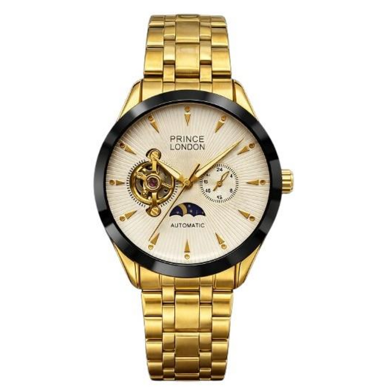 NYL Mens Automatic Metal Mechanical Round Face Multi Dial Analogue Gold/White Metal Bracelet Watch NY London