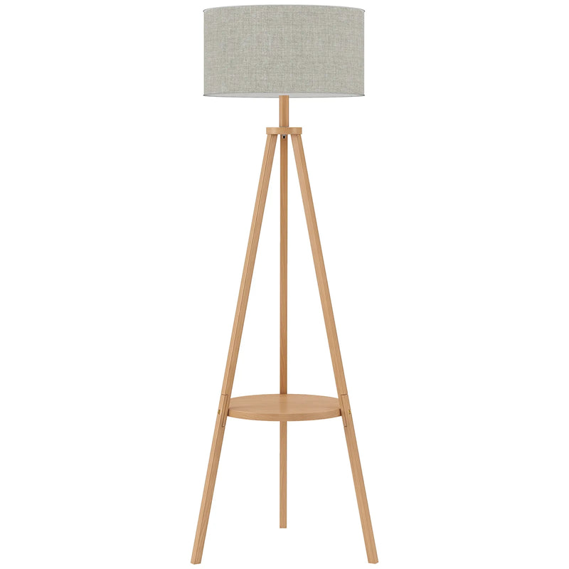 HOMCOM Bedside Light, Tripod Floor Lamp with Storage Shelf and Linen Shade for Living Room, 160cm, Natural Wood Colour