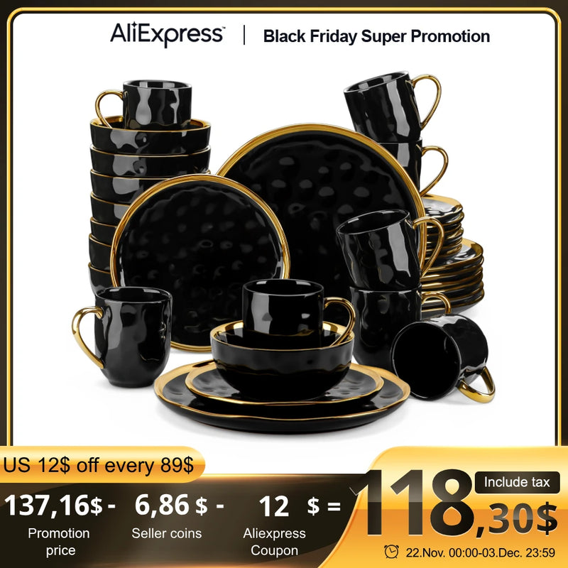 LOVECASA 16/32 Piece Black Porcelain Dinnerware Set with Gold Trim Dessert Plate,Dinner Plate,Cup,Bowl Tableware Set