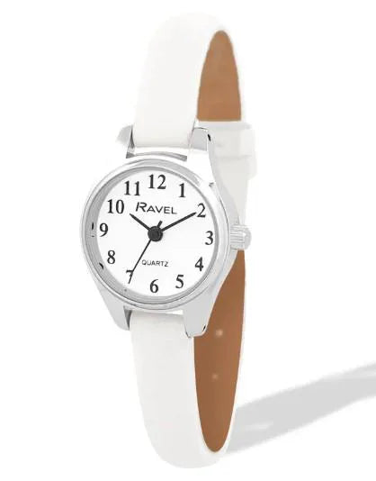 Ravel Ladies Round Petite Silver Case Clear Numeral with White Leather Strap Watch