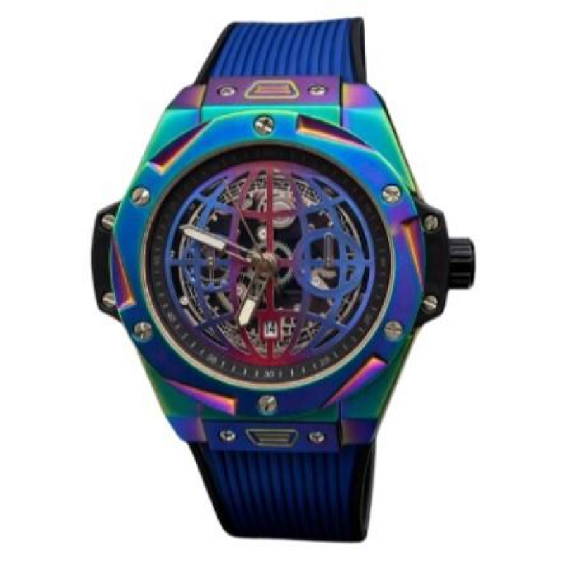 New Rainbow Watch Mens Dated Dial Analogue Blue Rubber Strap Watch NY London