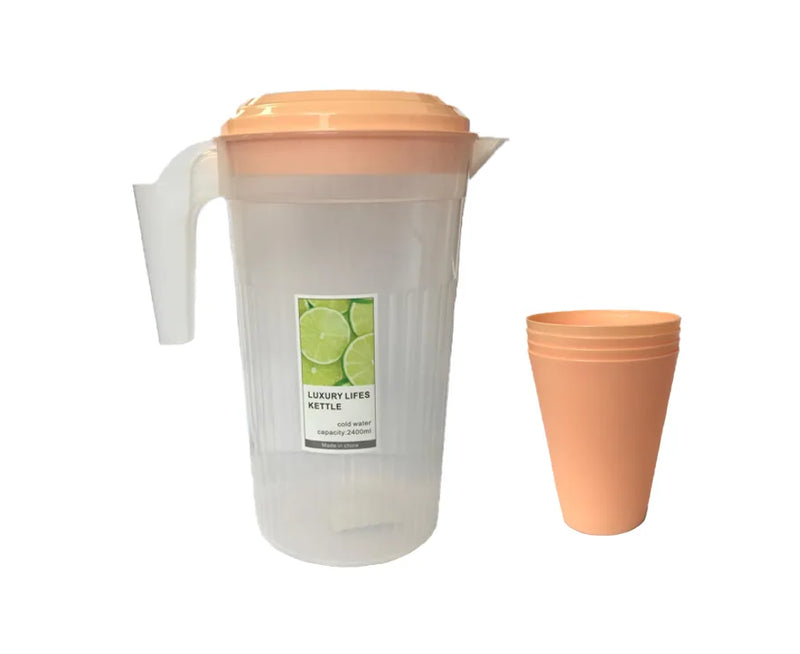 Transparent Plastic Water Juice Pitcher Jug With Cups 2400Ml Assorted Colours