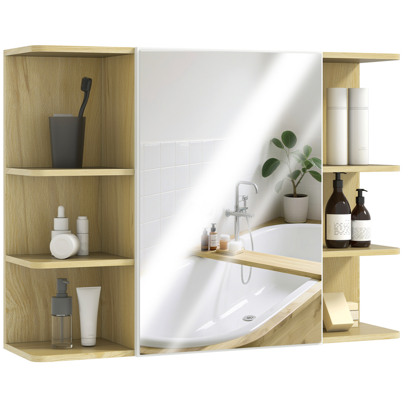 HOMCOM Bathroom Wall Cabinet with Mirror and Open Storage Shelves Natural