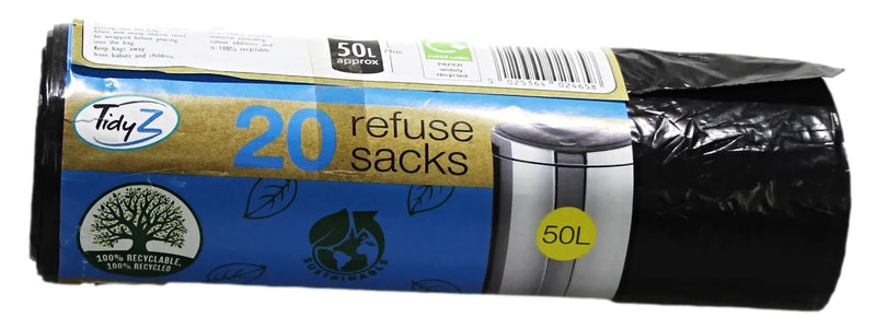 Refuse Sacks Bin Bags 50L Roll Of 20