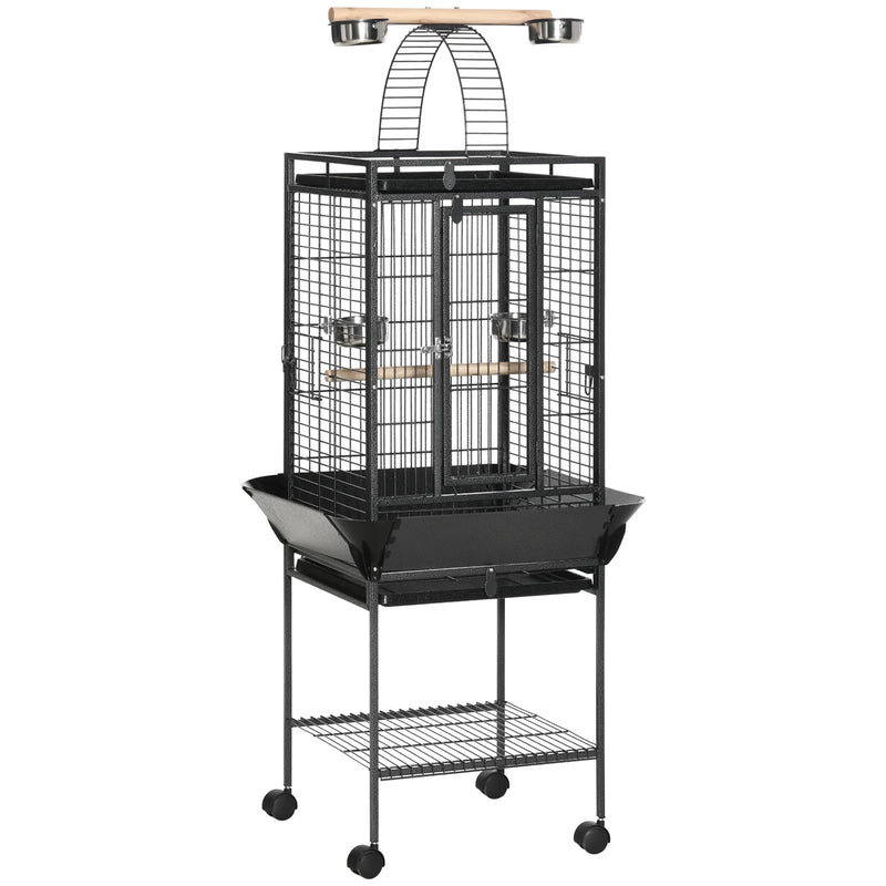 PawHut 156cm Bird Cage, Parrot Cage with Open Play Top, Perch, Seed Guard, Wheels, Storage Shelf, Dark Grey