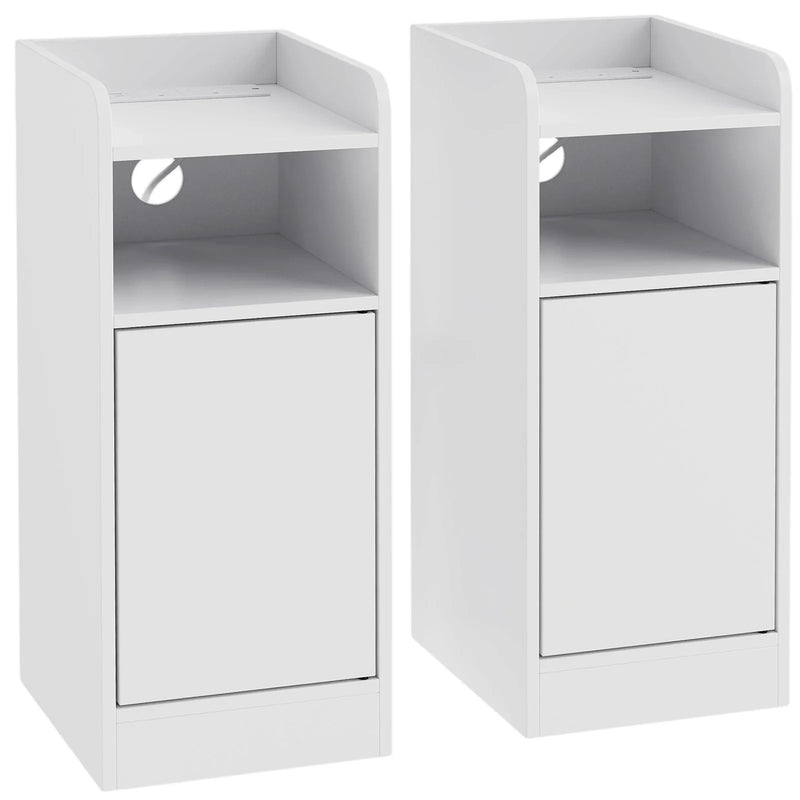 HOMCOM Slim Bedside Table Set of 2 with Charging Station, Narrow Bedside Cabinet with Adjustable Shelf, White