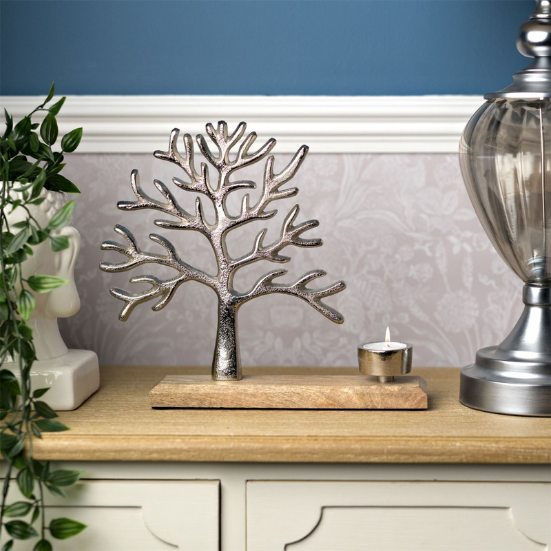 Tree of Life Metal & Wood Tea Light Holder 27cm