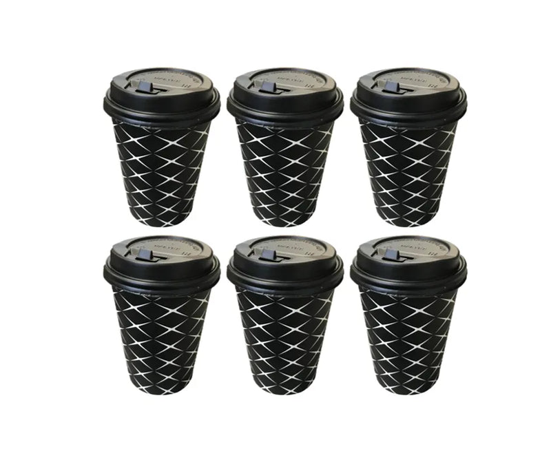 Black Paper Cup With Lid Printed Design 12Oz Pack Of 6 Assorted Designs