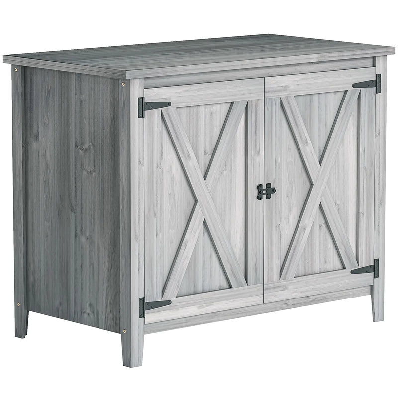 Outsunny Wooden Garden Shed, Outdoor Fir Wood Storage Shed with Shelf and Double Doors, Light Grey